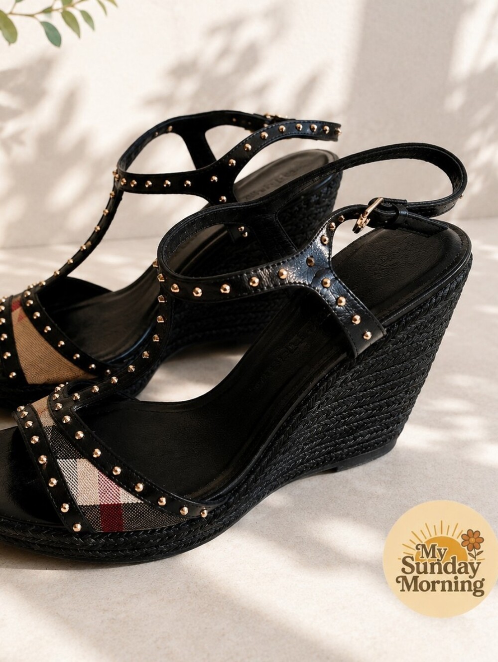Burberry Beige/Black Check Leather and Canvas Espadrille Wedge Sandals Size 39.5